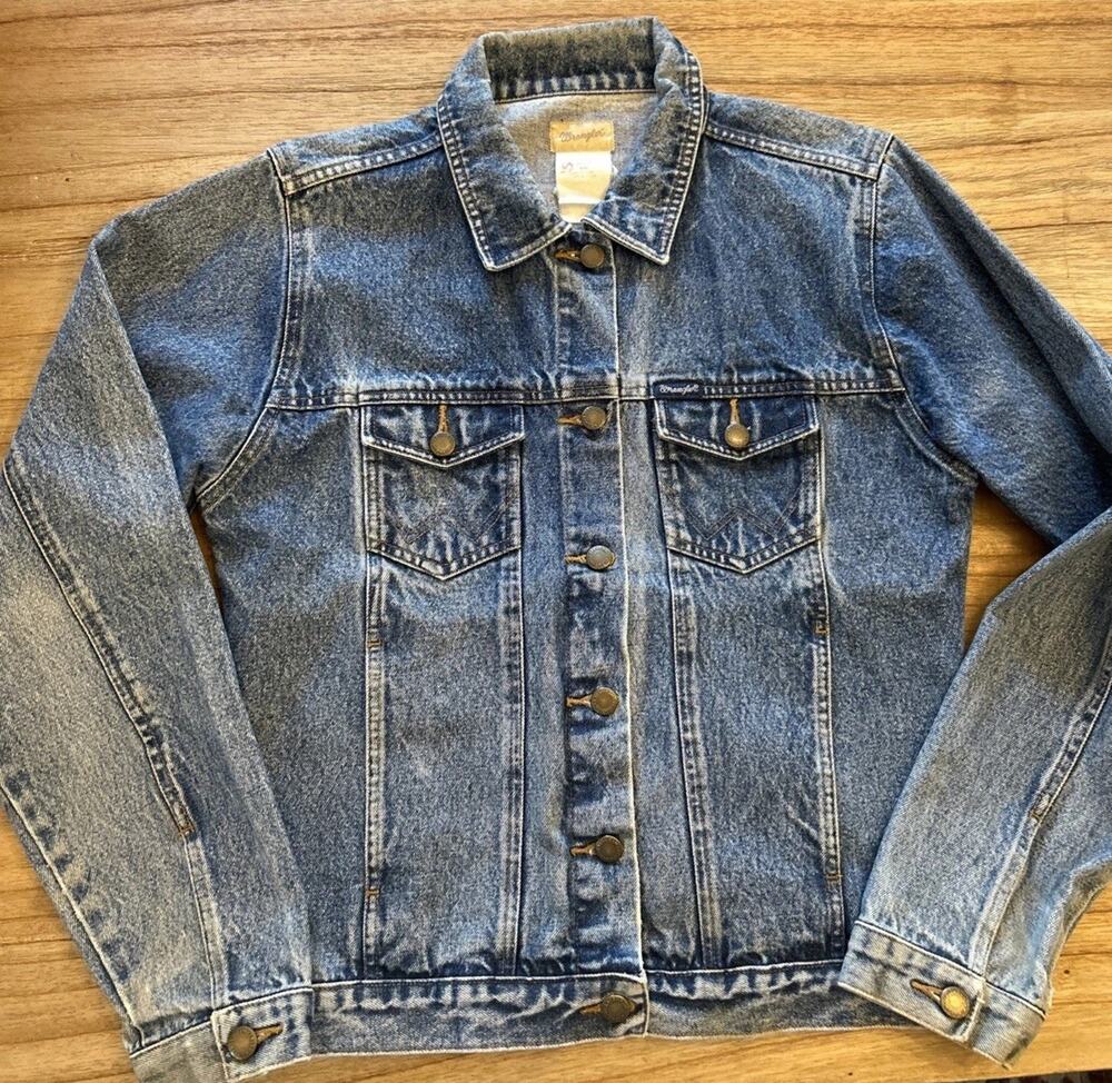 VTG 70s WRANGLER Trucker Jacket Blue Jean Denium Western Copper Button Sz Large
